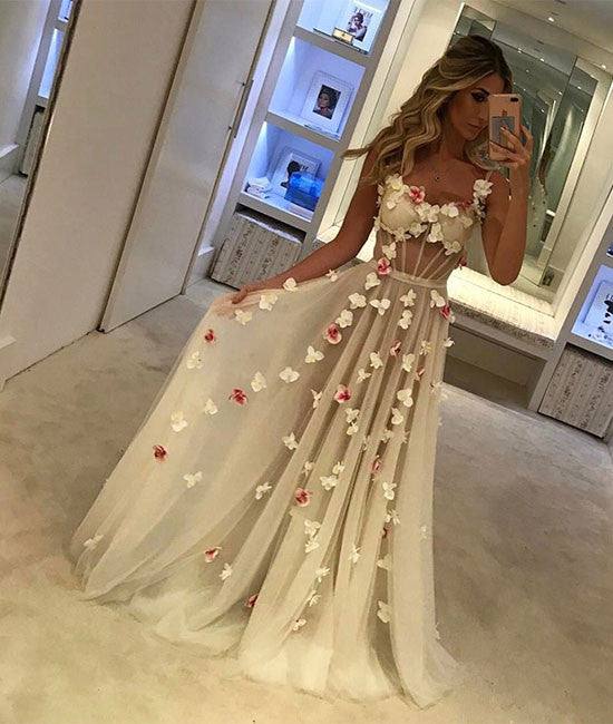 Unique tulle white long prom dress, white formal dress - RongMoon