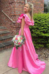 Hot Pink Satin Ruffles Cap Sleeves Prom Dress with High Slit