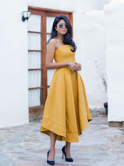 Yellow Satin High Low Strapless Prom Dress