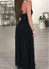 See Through Chiffon Halter Black A-line Evening Dress