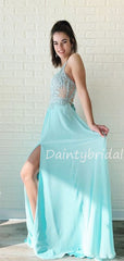 Charming V-neck  Lace Chiffon A-line Side Slit Long Prom Dresses Evening Dresses.DB10604