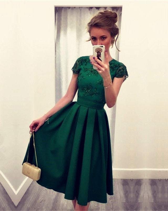 Modest Cap Sleeves Satin Tea Length Bridesmaid Dresses Lace Appliques