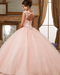 Pink Puffy Cheap Quinceanera Dresses Ball Gown Cap Sleeves Tulle Lace Beaded Crystals Sweet 16 Dresses - RongMoon