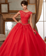 Pink Puffy Cheap Quinceanera Dresses Ball Gown Cap Sleeves Tulle Lace Beaded Crystals Sweet 16 Dresses - RongMoon