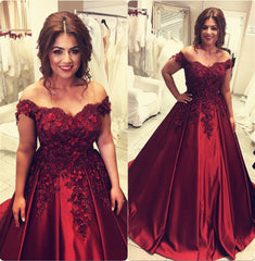 Burgundy satin ball gown wedding dresses off the shoulder