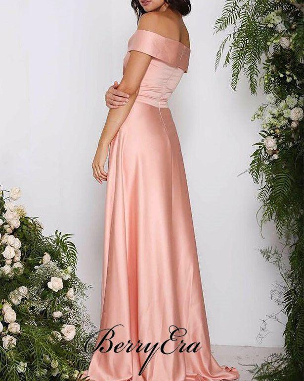Off Shoulder Peach Elastic Satin Long Bridesmaid Dresses - RongMoon