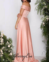 Off Shoulder Peach Elastic Satin Long Bridesmaid Dresses - RongMoon