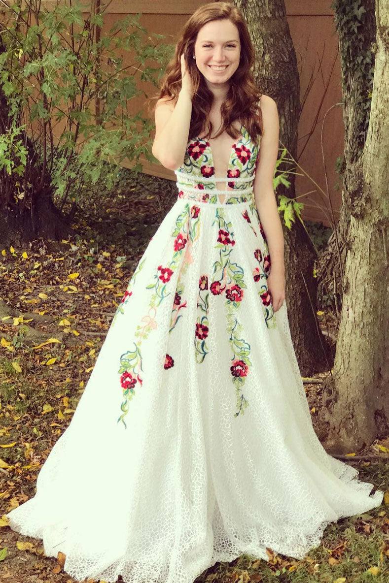 White v neck lace applique long prom dress white lace evening dress - RongMoon