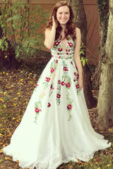 White v neck lace applique long prom dress white lace evening dress - RongMoon