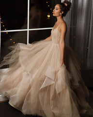 V Neck Organza Ruffles Princess Wedding Gowns 2017 Sexy