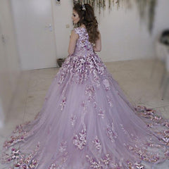 Lilac Tulle Cap Sleeves Wedding Dresses With Floral Flowers