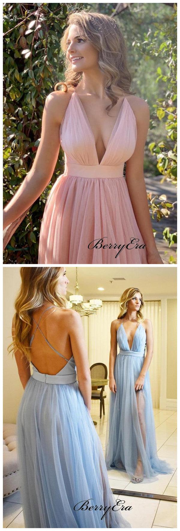 Deep V-neck Bridesmaid Dresses, Open Back Slit Bridesmaid Dresses - RongMoon