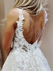 A Line V Neck Lace Open Back Beach Wedding Dress