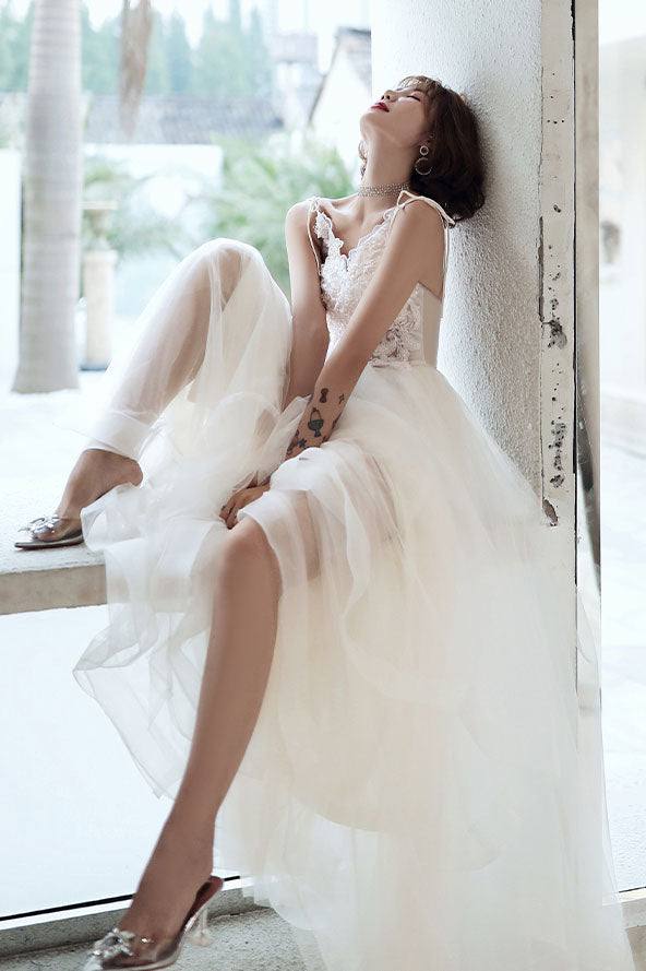 White lace tulle long prom dress white tulle lone evening dress - RongMoon
