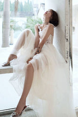 White lace tulle long prom dress white tulle lone evening dress - RongMoon