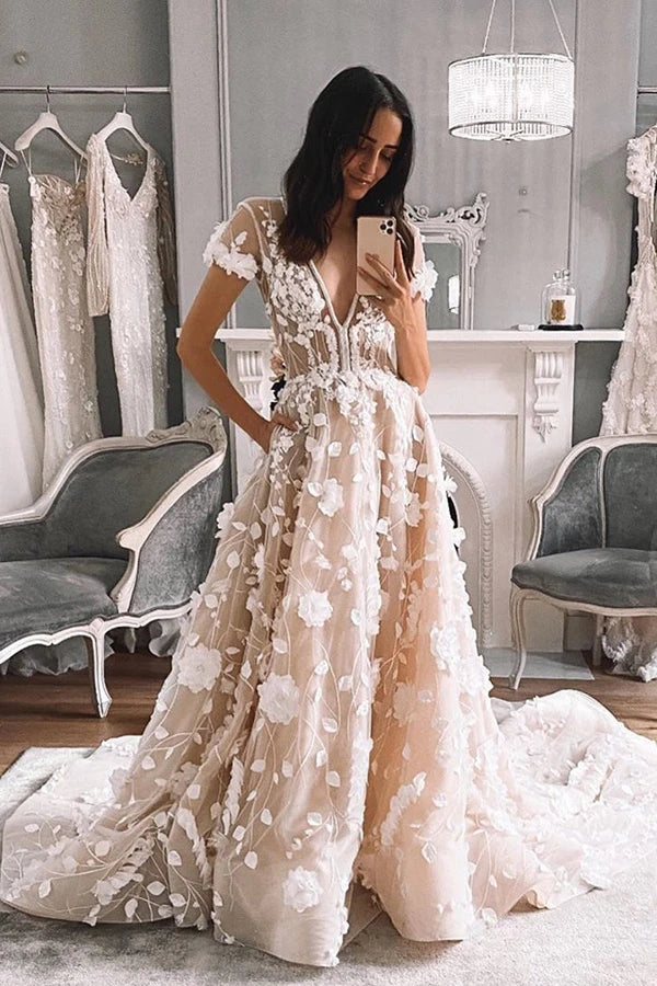 Appliques A Line V Neck Champagne Short Sleeve Wedding Dress