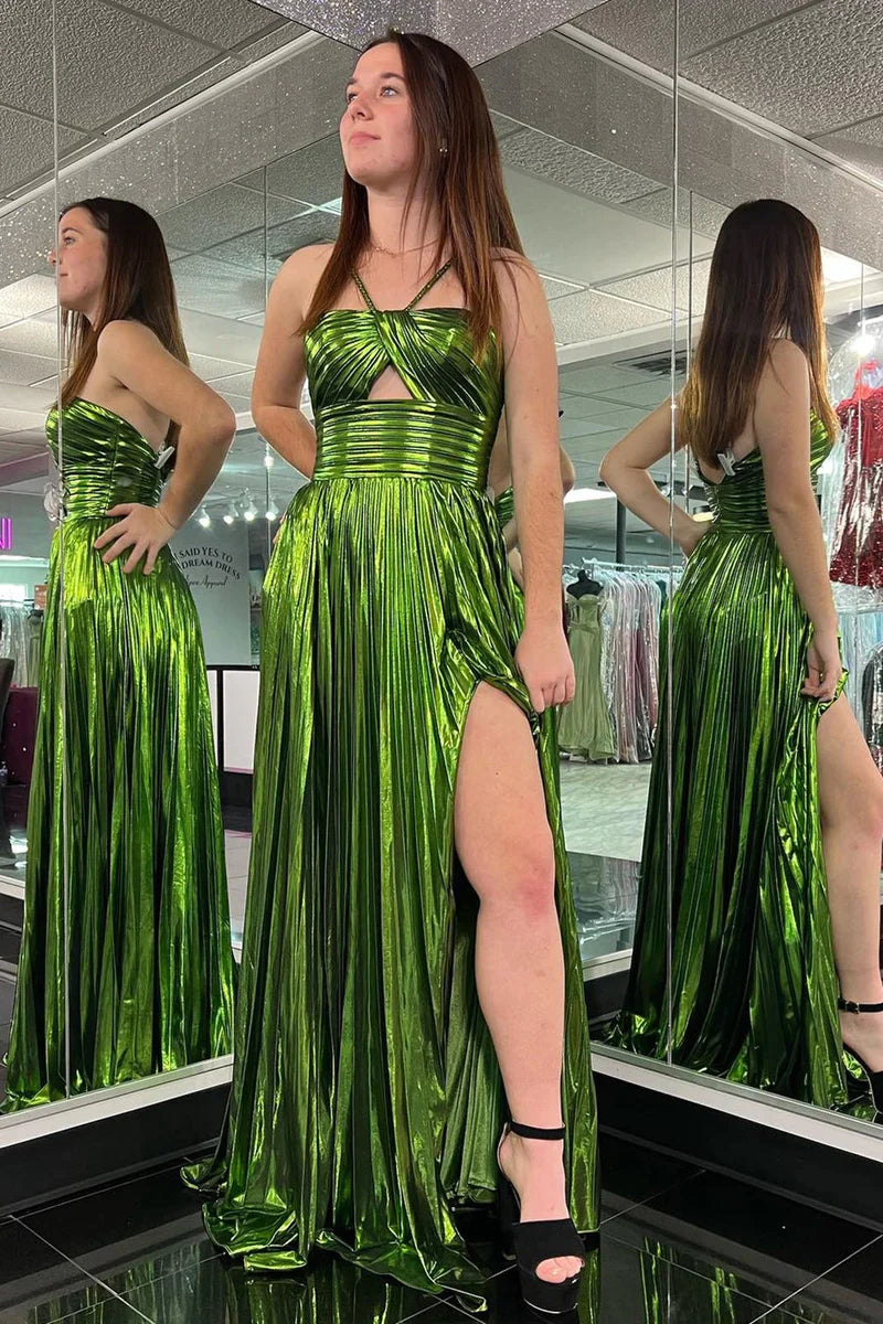 Gold Spaghetti Strap Pleats Long Prom Dress with Slit