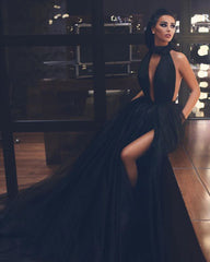 Sleeveless Ball Gown High-Neck Black Tulle Evening Dress With Pockets