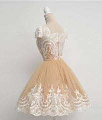 Champagne Tulle Lace Short Prom Gown, Homecoming Dress, Bridesmaid Dress - RongMoon