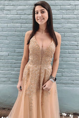 Champagne Appliques Spaghetti Straps Mesh Tulle Long Prom Dress