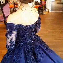 Navy Blue Lace Appliques Long Sleeves Ball Gowns Wedding Dresses Off Shoulder