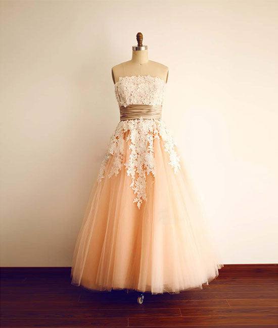 Champagne Tulle lace tea length Prom Dress, Bridesmaid Dress - RongMoon
