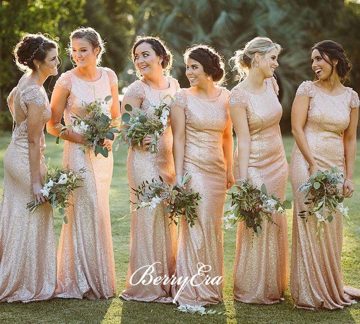 Cap Sleeves Open Back Sequin Sheath Long Bridesmaid  Dresses - RongMoon