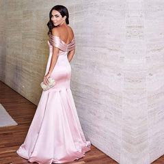 pink satin long mermaid prom dresses off the shoulder evening gowns