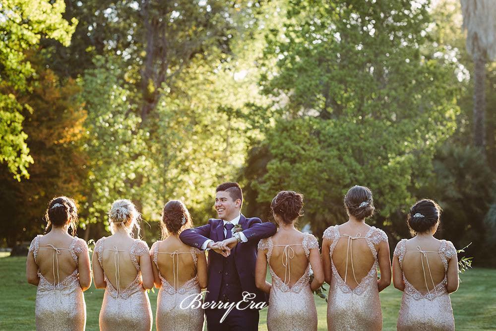Cap Sleeves Open Back Sequin Sheath Long Bridesmaid  Dresses - RongMoon