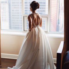 Deep V Neck White Satin Ball Gown Wedding Dresses Open Back