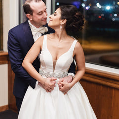 Deep V Neck White Satin Ball Gown Wedding Dresses Open Back