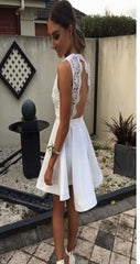 Sexy Short White Lace Open Back Unique Style Deep V-neck Homecoming Dress,BD00176