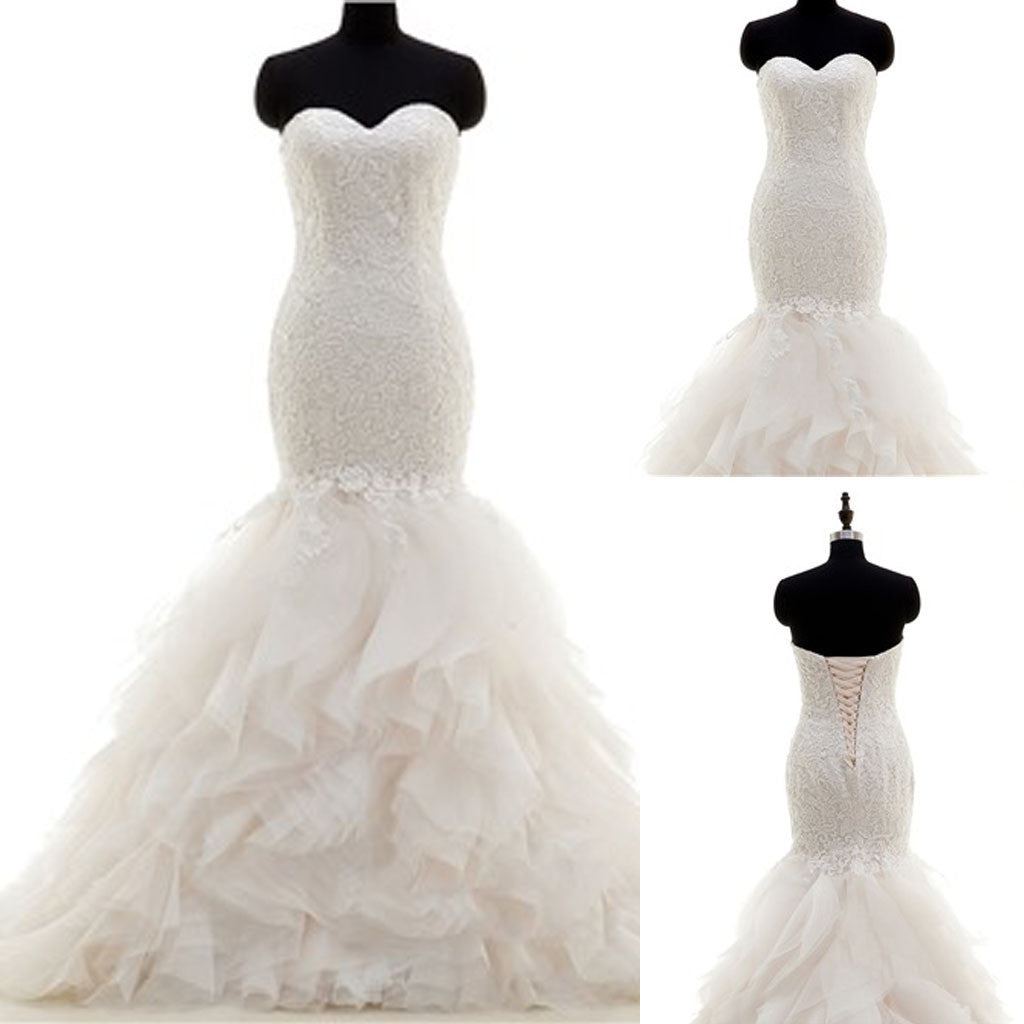 Popular Sweetheart Strapless Lace Up Mermaid White Lace Chiffon Bubble Skirt Wedding Dresses, WD0178