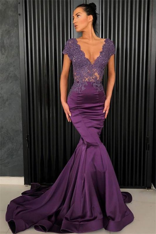 Short Sleeves Grape Mermaid Beads Long V-Neck Formal Prom Dress