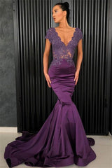 Short Sleeves Grape Mermaid Beads Long V-Neck Formal Prom Dress
