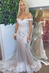 Champagne White Lace Appliques Princess Off Shoulder Mermaid  Long Prom Dress