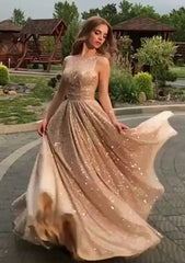 Round Neck Gold Open Back Champagne Sequins Prom Dress