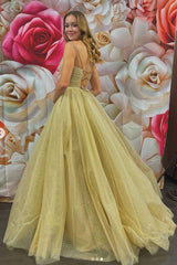Simple v neck tulle long prom dress champagne evening dress - RongMoon