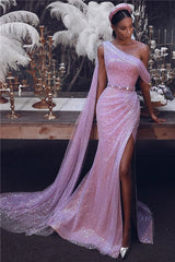 Slit Pink Sequins Sparkly One Shoulder Evening Dress With Slit