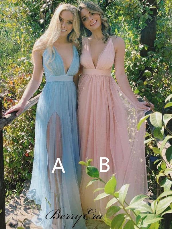 Deep V-neck Bridesmaid Dresses, Open Back Slit Bridesmaid Dresses - RongMoon