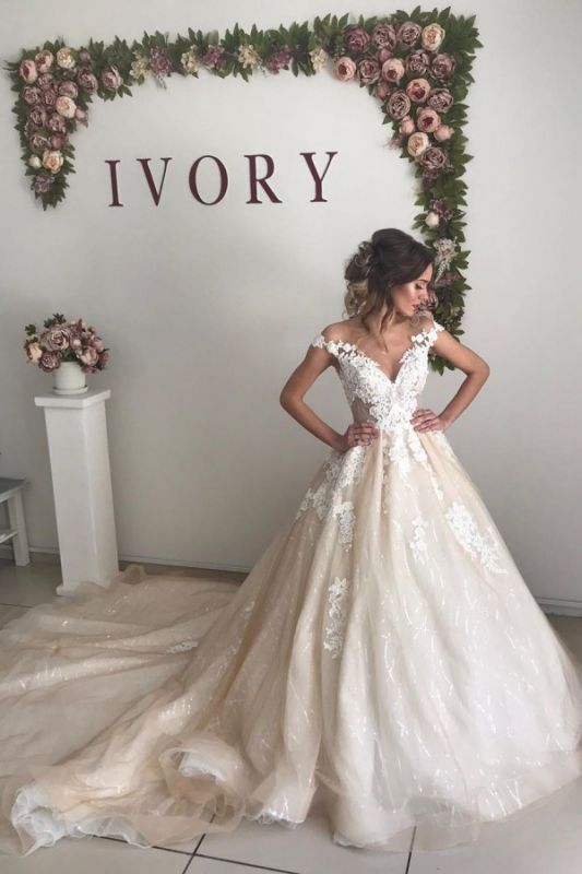 Champagne Open Back Sweep Train Appliques Ball Gown Wedding Dress