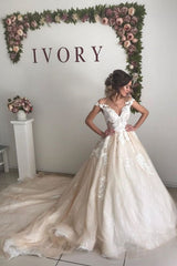 Champagne Open Back Sweep Train Appliques Ball Gown Wedding Dress