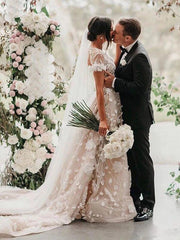 Appliques A Line V Neck Champagne Short Sleeve Wedding Dress