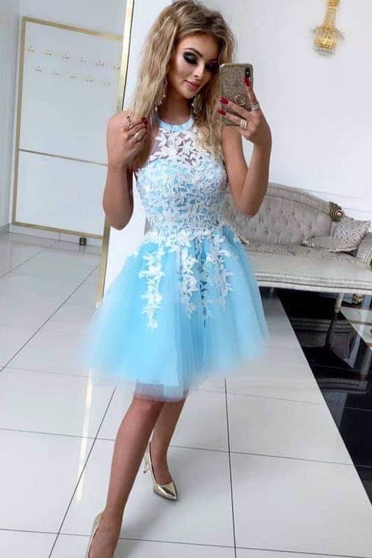 champagne tulle lace short prom dress lace cocktail dress - RongMoon