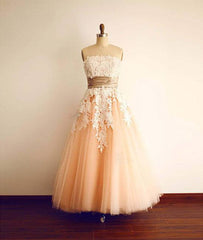 Champagne Tulle lace tea length Prom Dress, Bridesmaid Dress - RongMoon