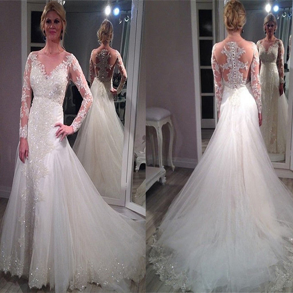 Vintage A-line Long Sleeve Sparkly  V-neck Yarn Lace Back Elegant Beauty Tulle Train Wedding Dresses, WD0183