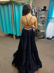 Navy Blue Satin A Line Spaghetti Straps Long Prom Dress