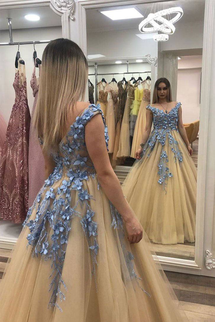 Champagne v neck tulle lace long prom dress champagne evening dress - RongMoon
