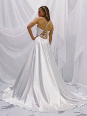 White v neck satin long prom dress, white A line evening dress - RongMoon