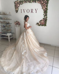 Champagne Open Back Sweep Train Appliques Ball Gown Wedding Dress